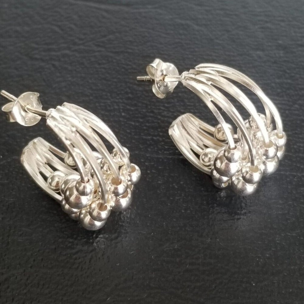 925 Sterling Silver High Shine Floating Dazzling Beads 3/4 Hoop Earrings Fashion